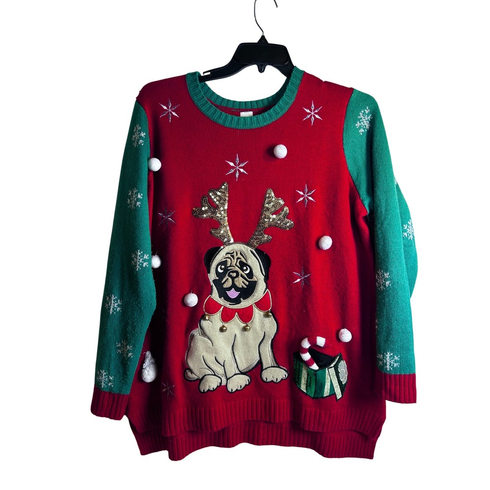 Holiday Time Pug Christmas Sweater 2X 18W/20W Red Green Sequin Reindeer Women